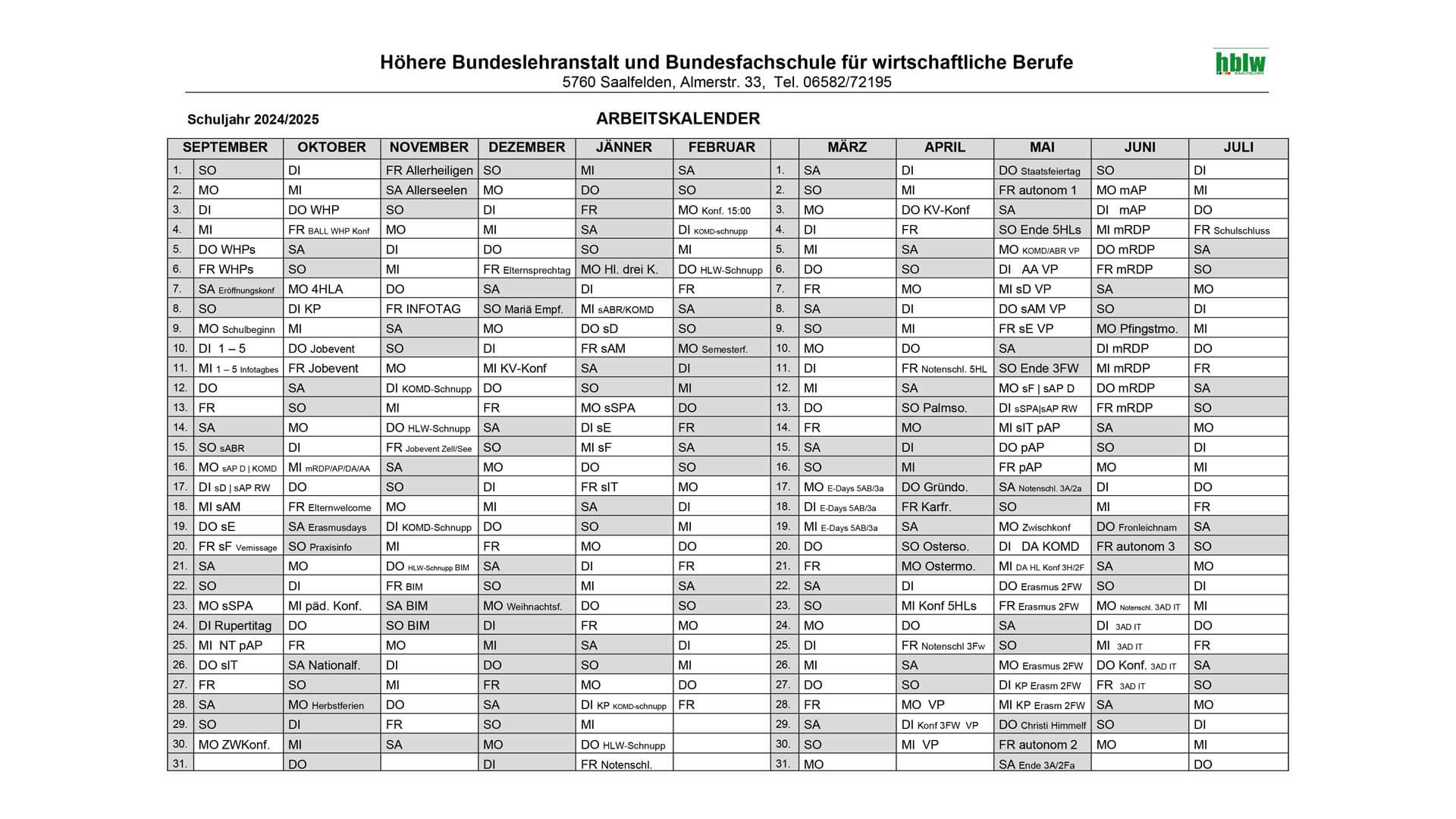 HBLW Saalfelden Kalender